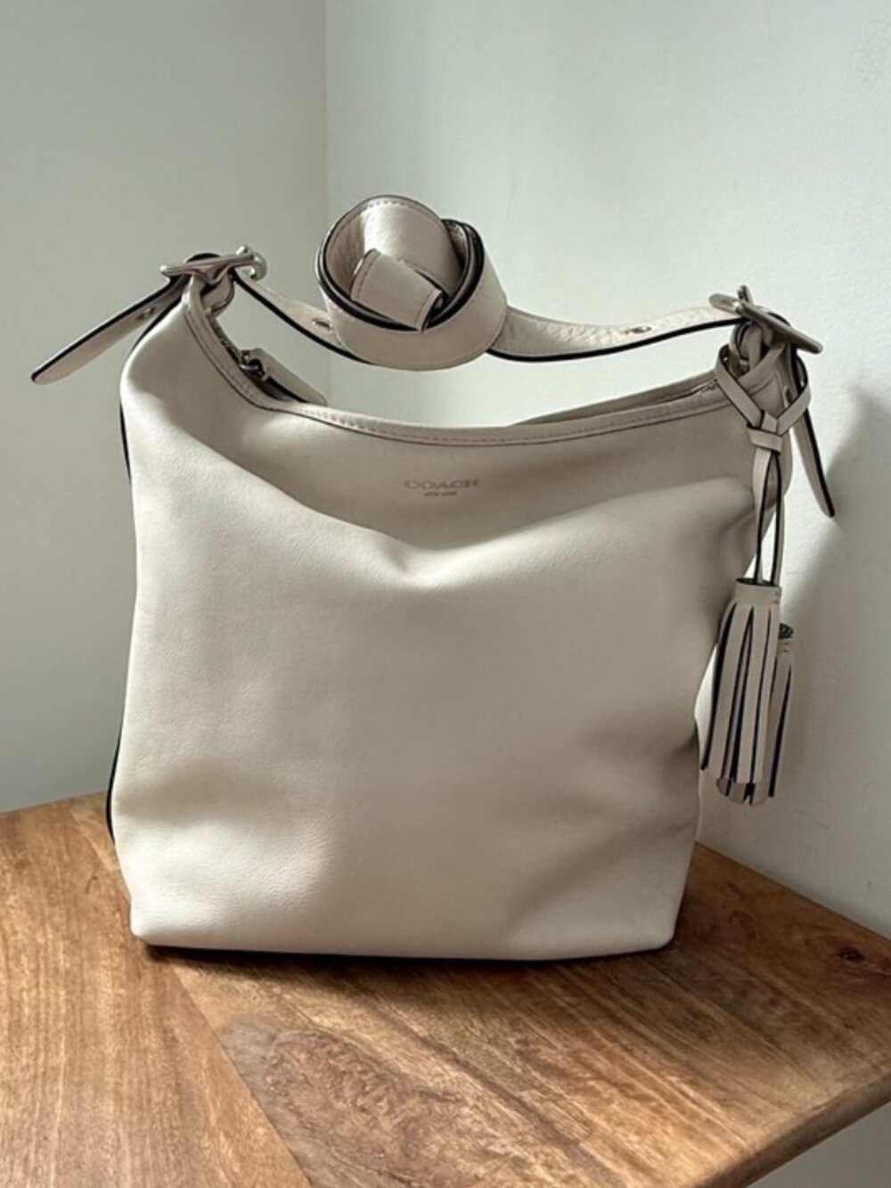 COACH Legacy Large Leather Duffle Hobo Bag Cream Parchment Ivory Tassel 19889